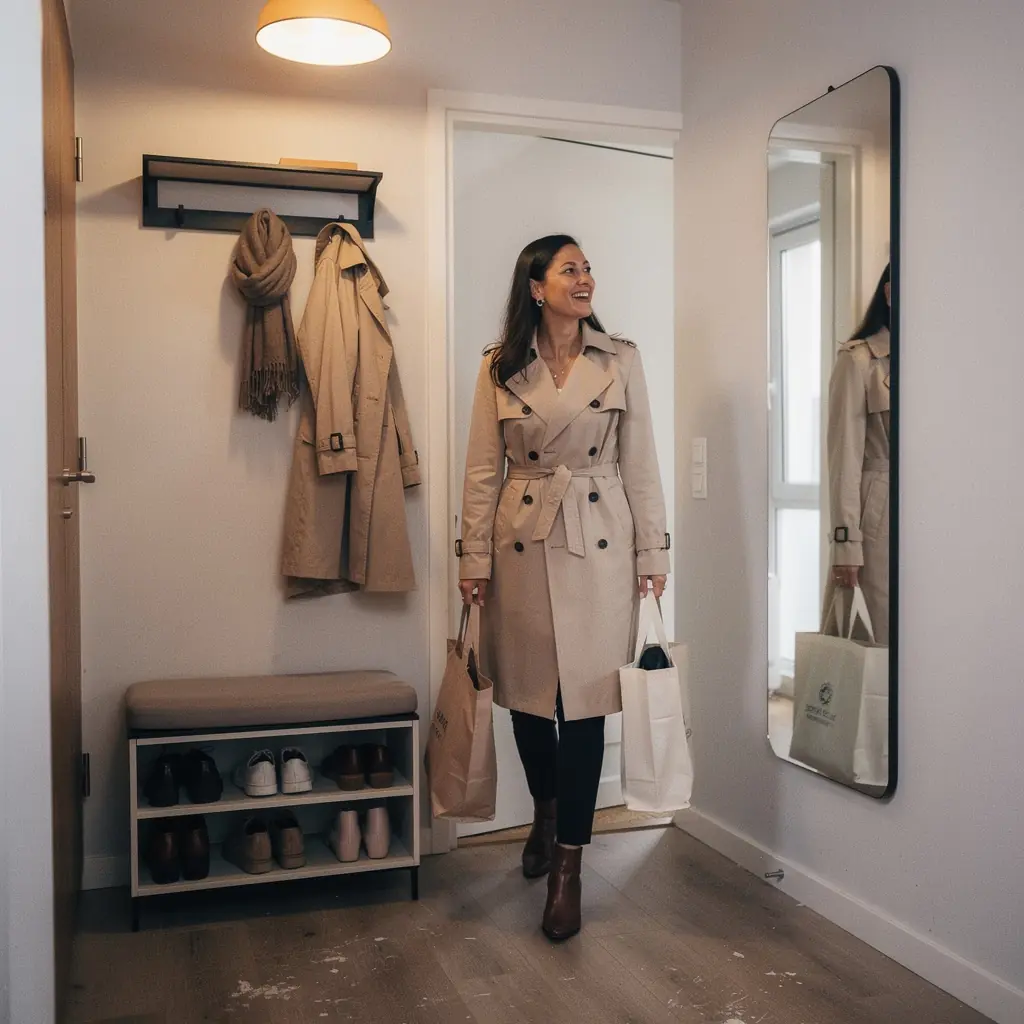 Przestronny balkon w małym mieszkaniu, z elementami przechowywania i przytulnym oświetleniem.